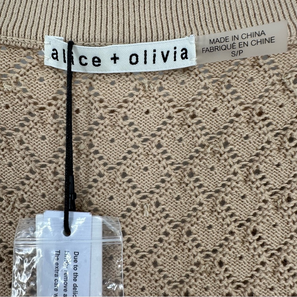 NWT Alice + Olivia Romi Cropped Embellished Pointelle-Knit Cardigan Sand Size S - Picture 5 of 9